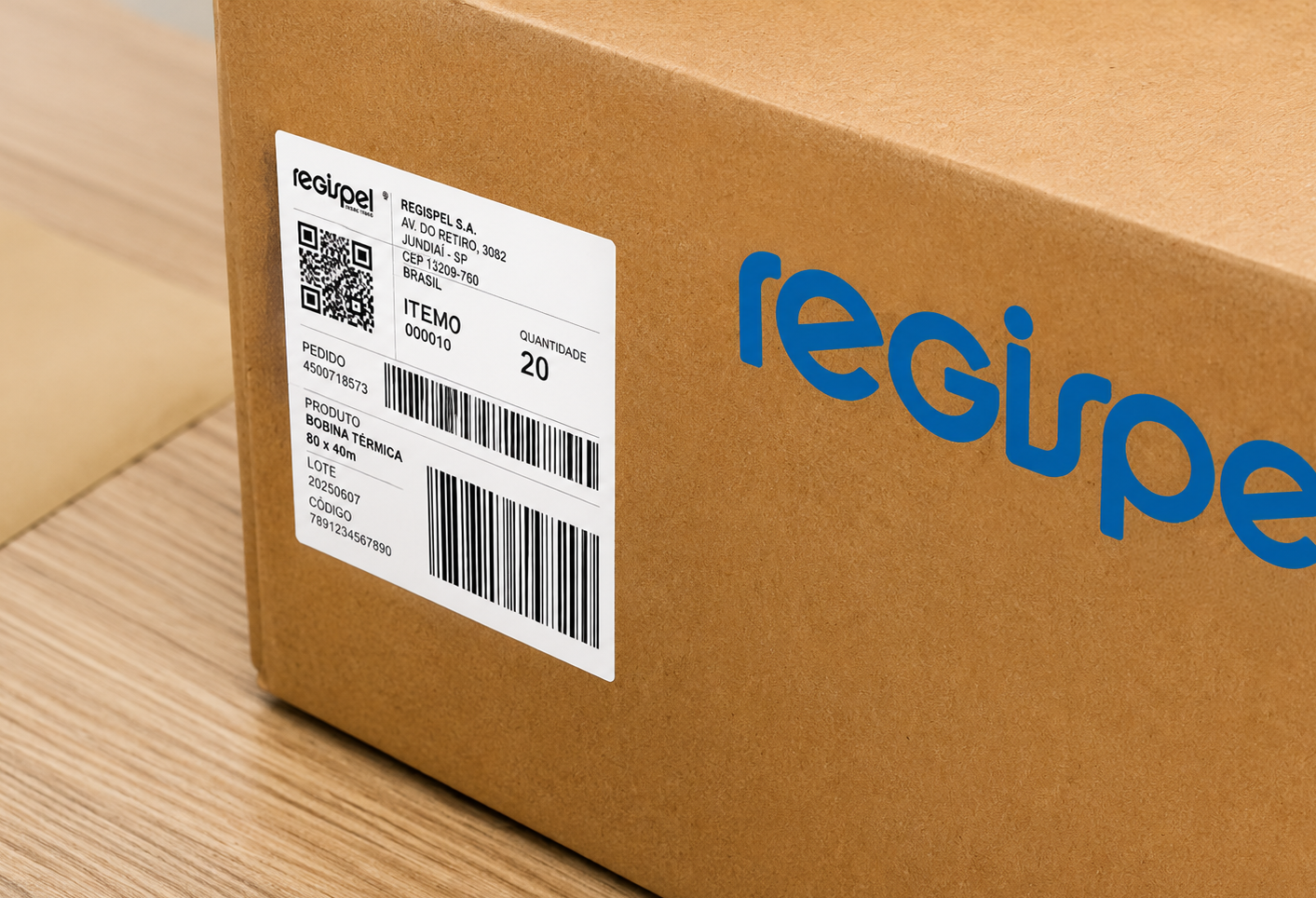Caixa de papelão com etiqueta térmica contendo código de barras, QR Code e informações de identificação.