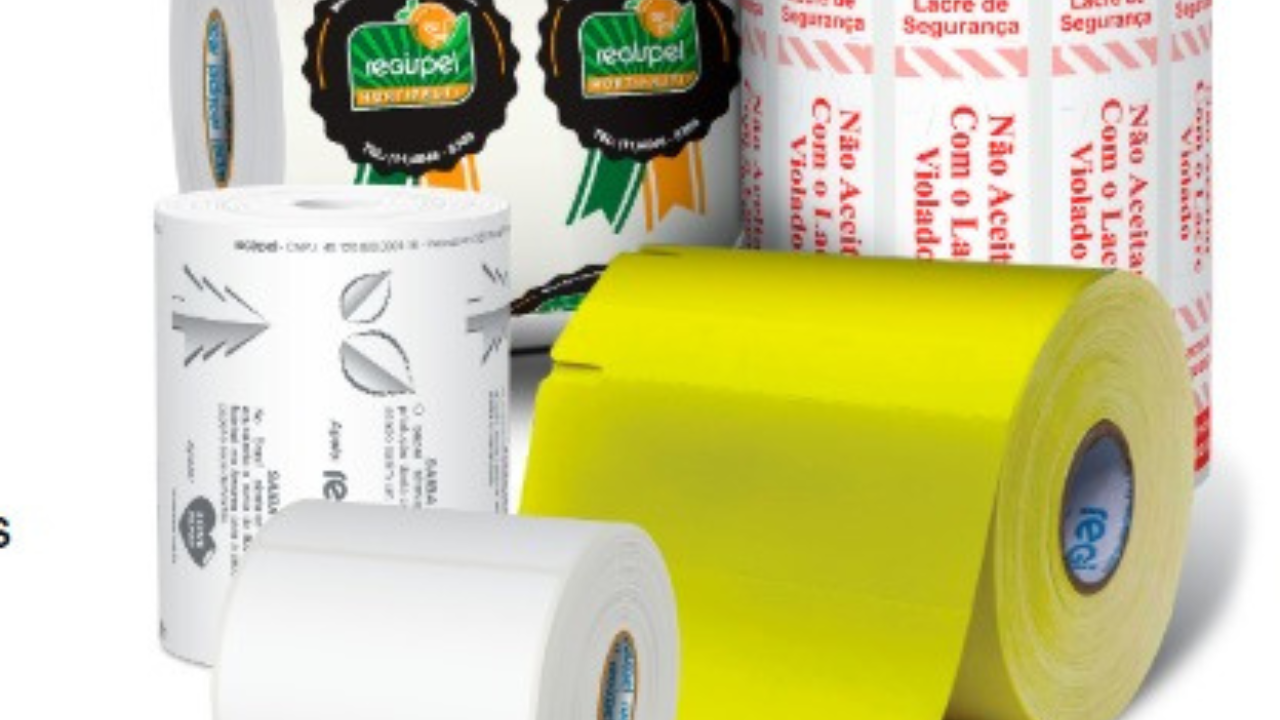 Rolos de etiquetas e lacres de segurança para automação comercial e identificação de produtos.
