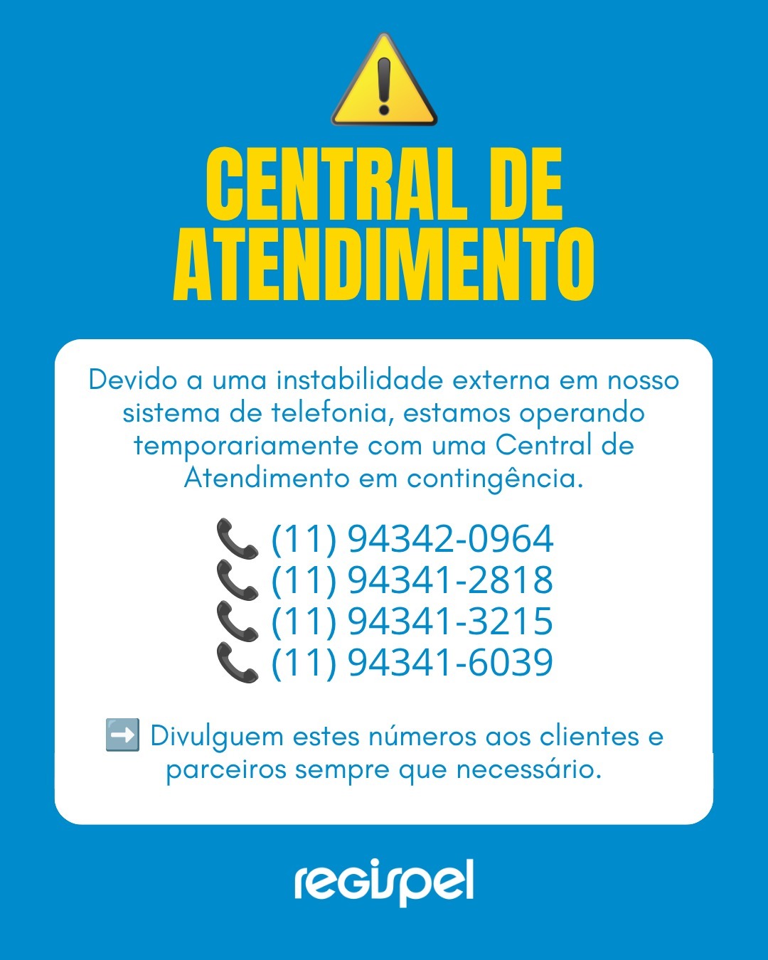 Central de Atendimento: devido a uma instabilidade externa em nosso sistema de telefonia, estamos operando temporariamente com uma Central de Atendimento em contingência. Telefones: (11) 94342-0964, (11) 94341-2818, (11) 94341-3215, (11) 94341-6039.